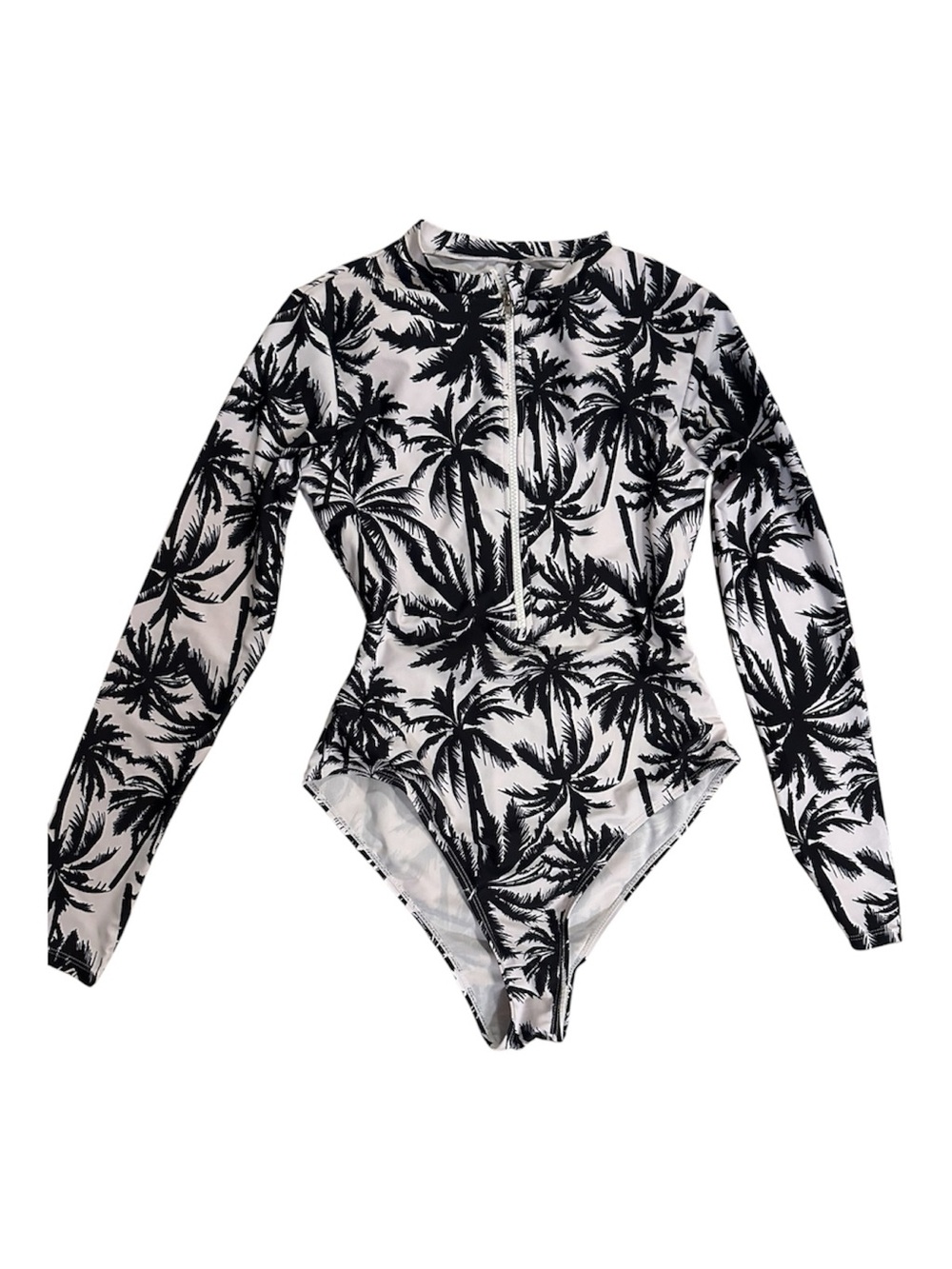 SHEIN Black & White Palm-Print Long-Sleeve One-Piece Swimsuit